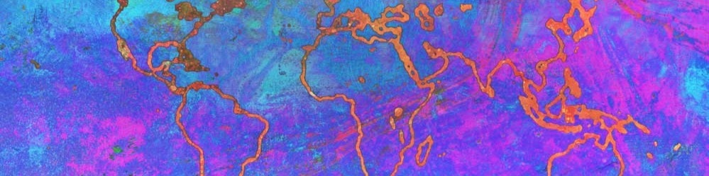 Abstract stylised world map — purple, blue and warm tones